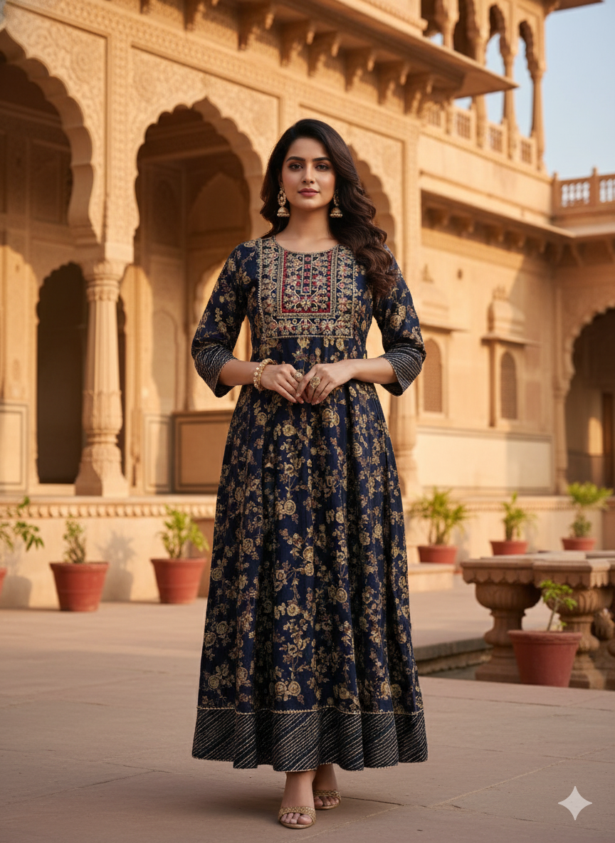 Dark Blue Embroidered Without Dupatta set