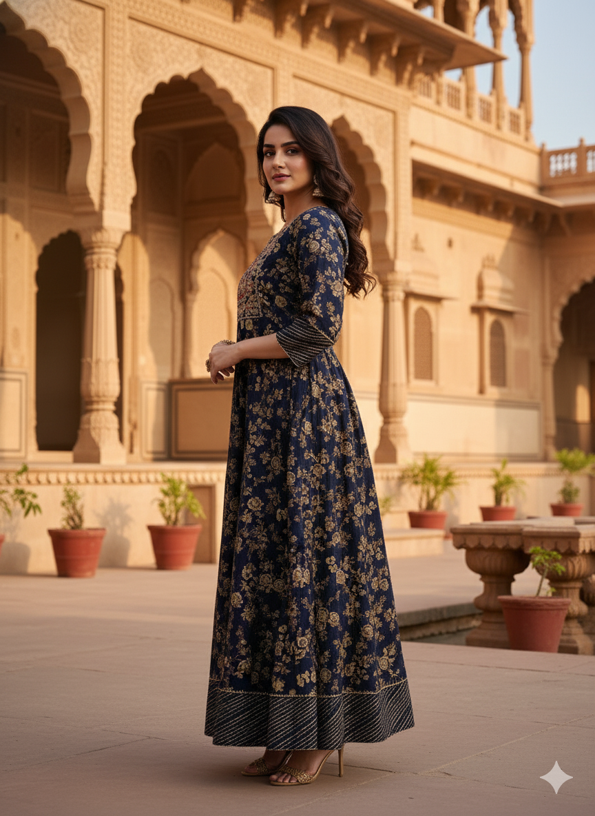 Dark Blue Embroidered Without Dupatta set