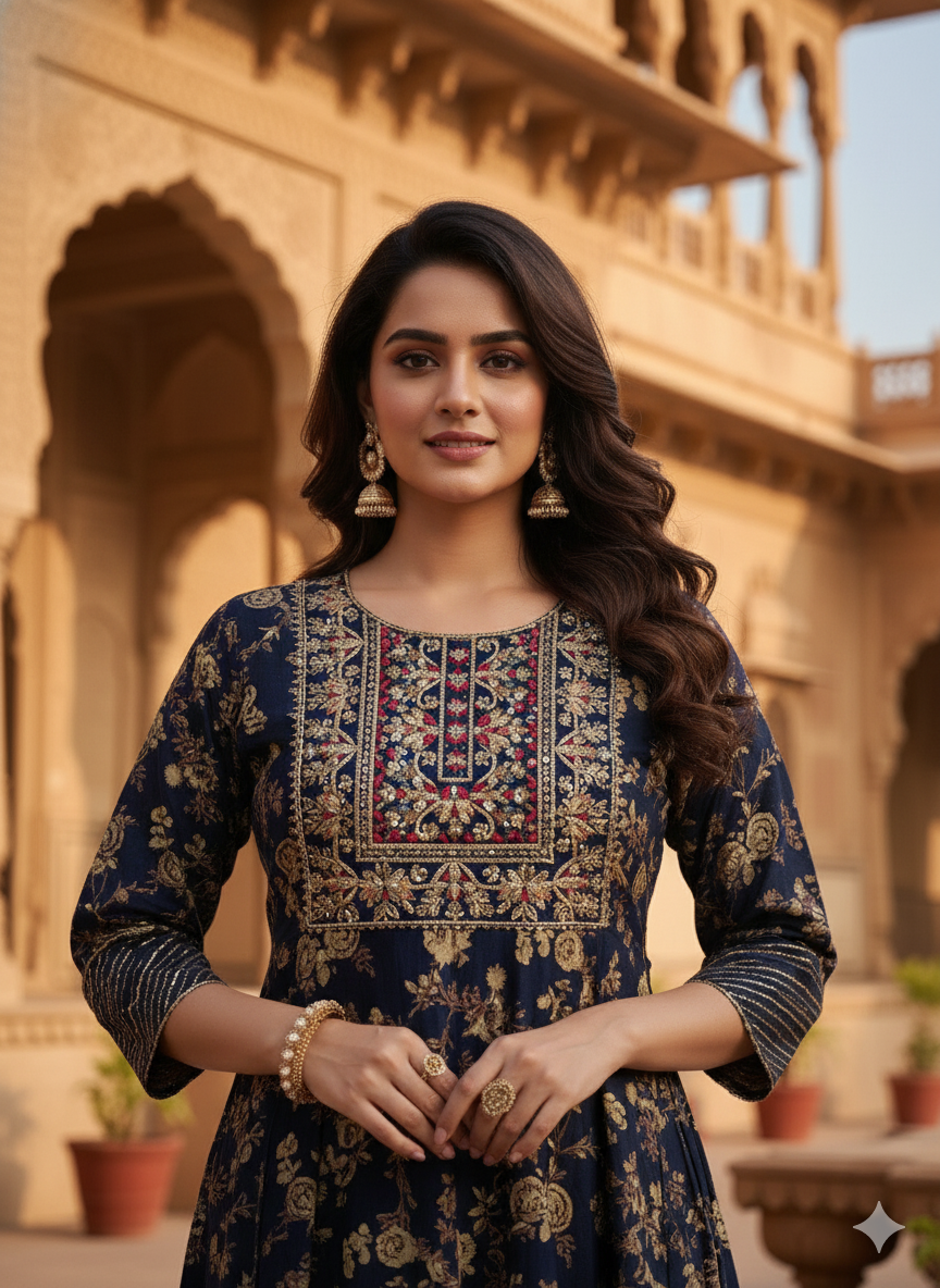 Dark Blue Embroidered Without Dupatta set