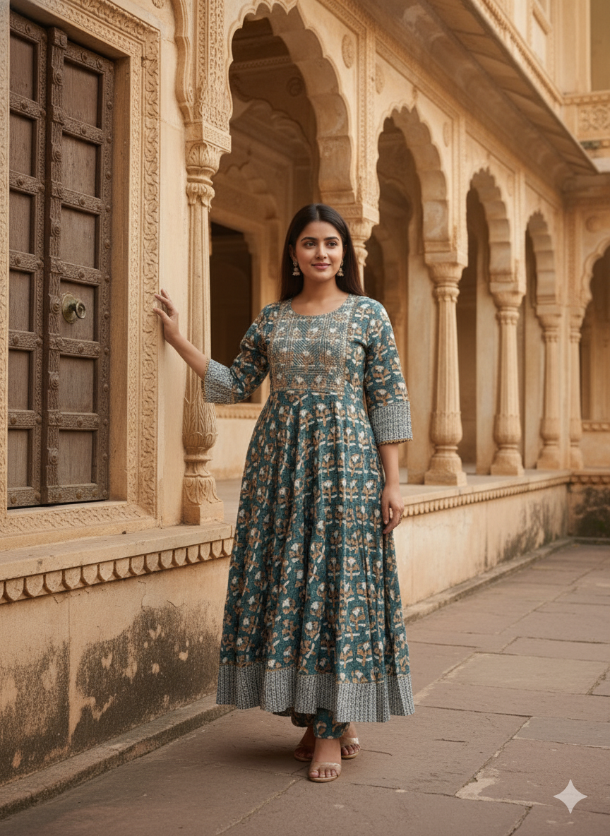 Teal Embroidered kurta