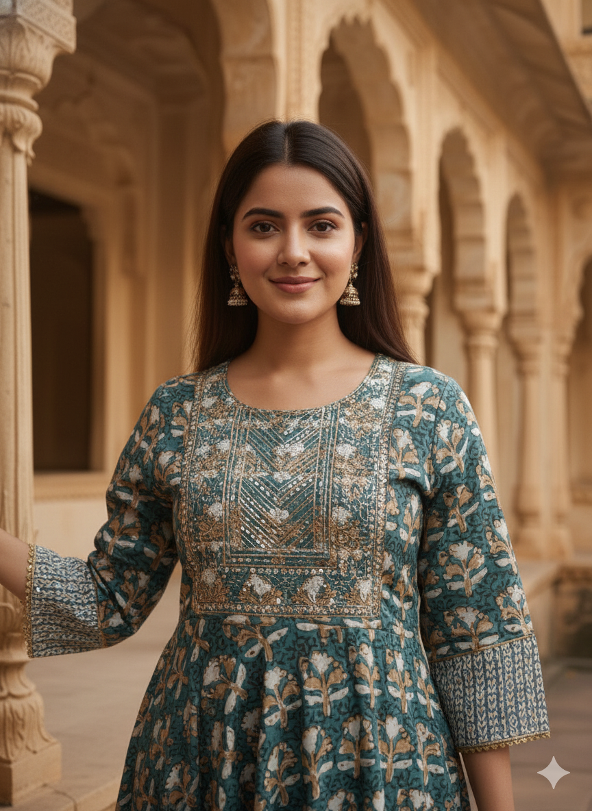 Teal Embroidered kurta