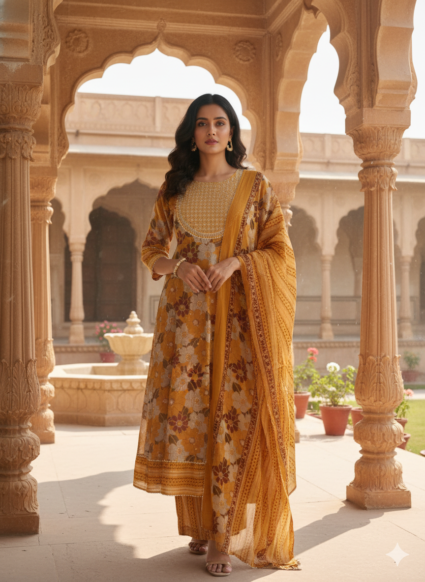 Mustard Embroidered kurta with Dupatta Set