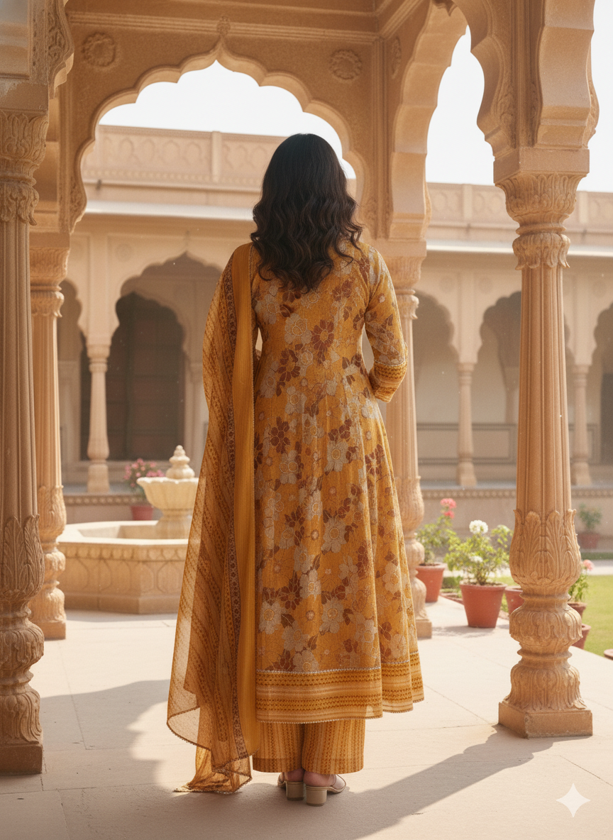 Mustard Embroidered kurta with Dupatta Set