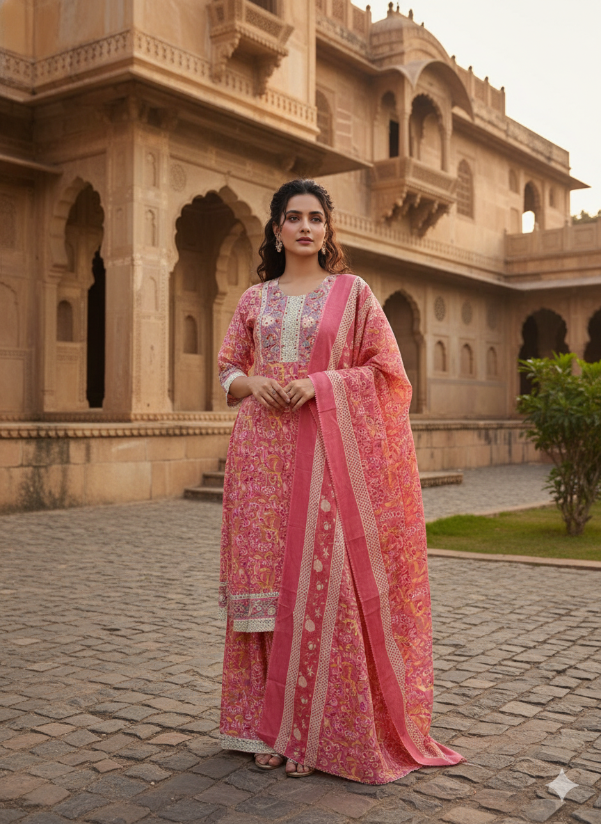 Pink Embroidered kurta with Dupatta Set