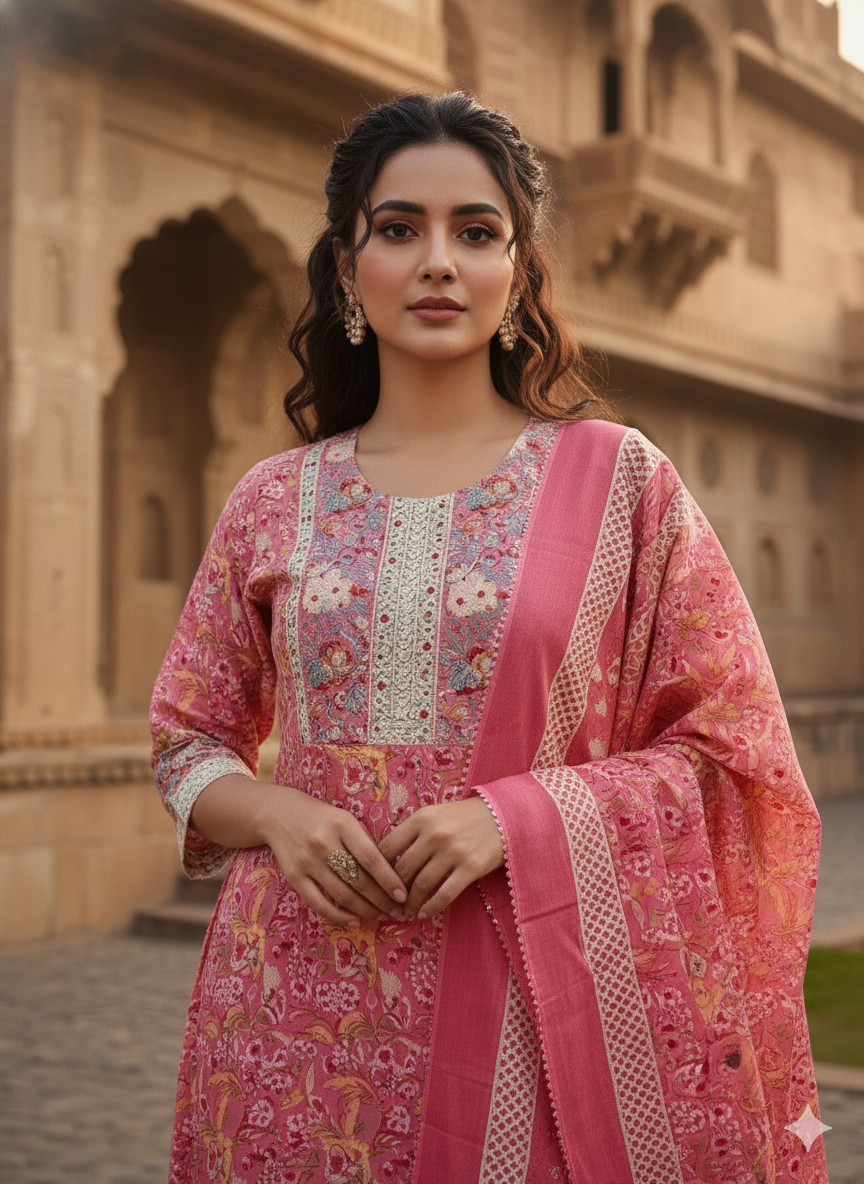 Pink Embroidered kurta with Dupatta Set
