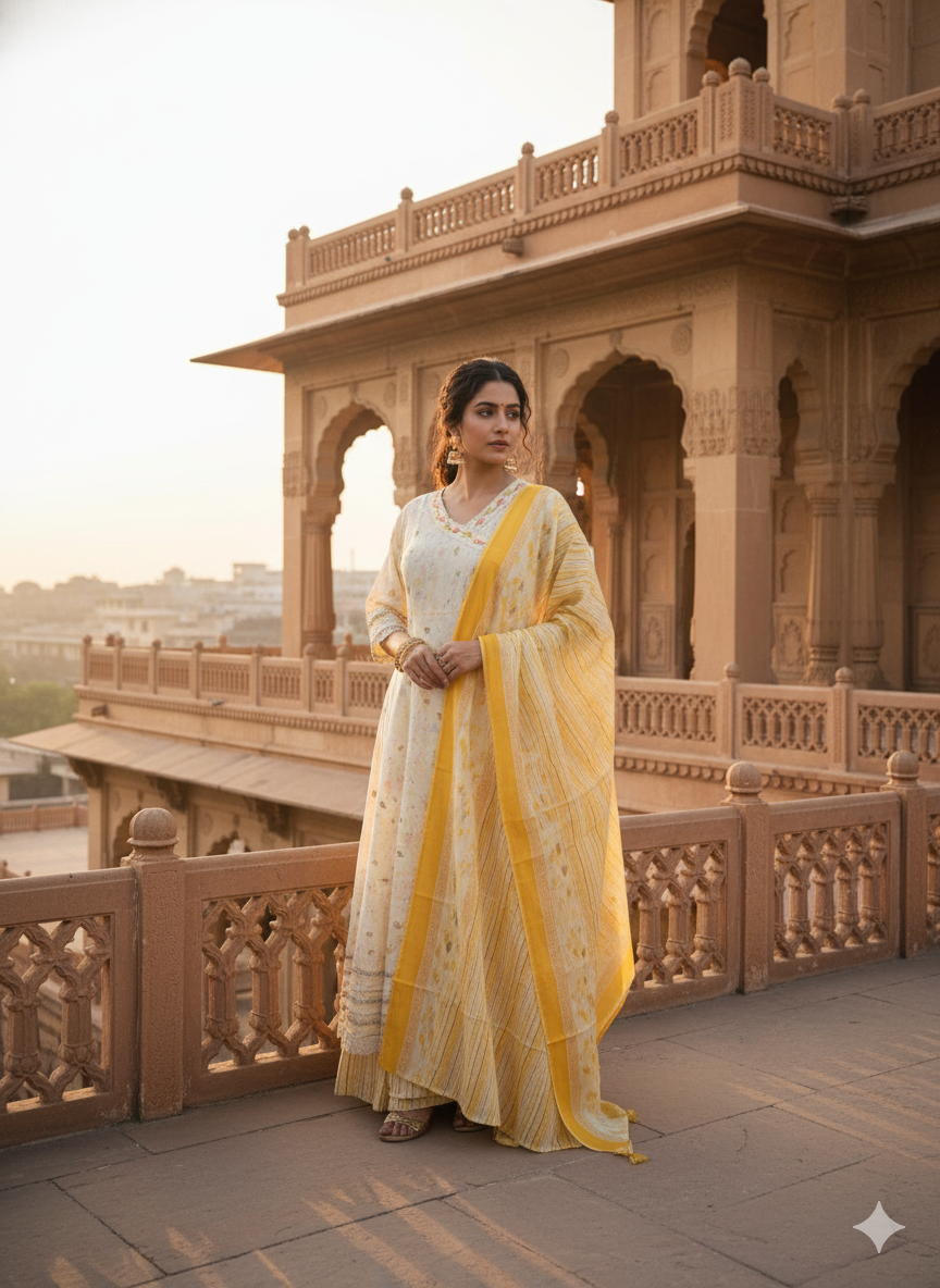 White Yellow Embroidered kurta with Dupatta Set