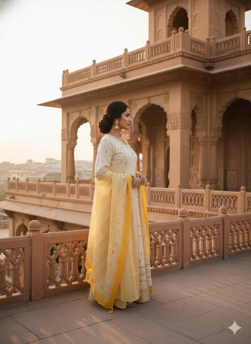 White Yellow Embroidered kurta with Dupatta Set