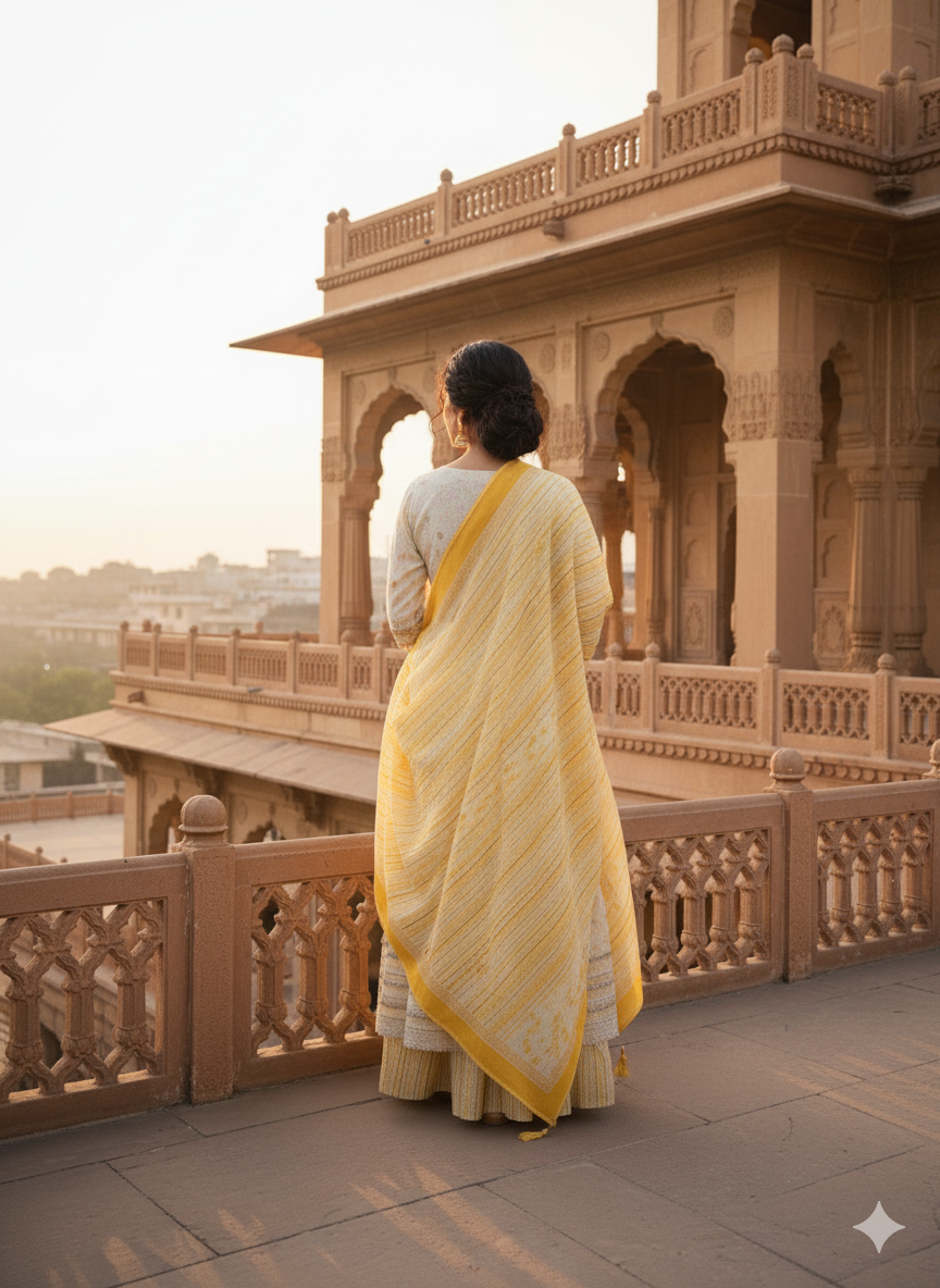 White Yellow Embroidered kurta with Dupatta Set