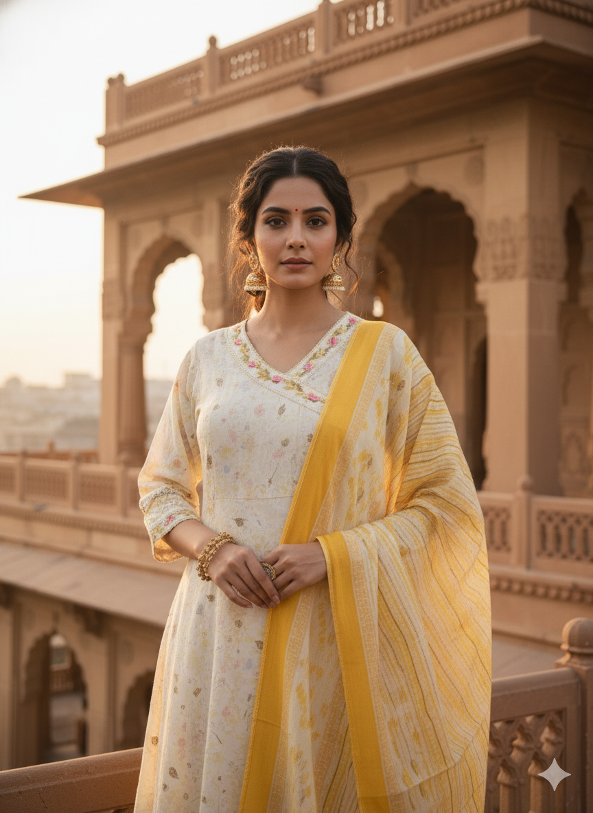 White Yellow Embroidered kurta with Dupatta Set