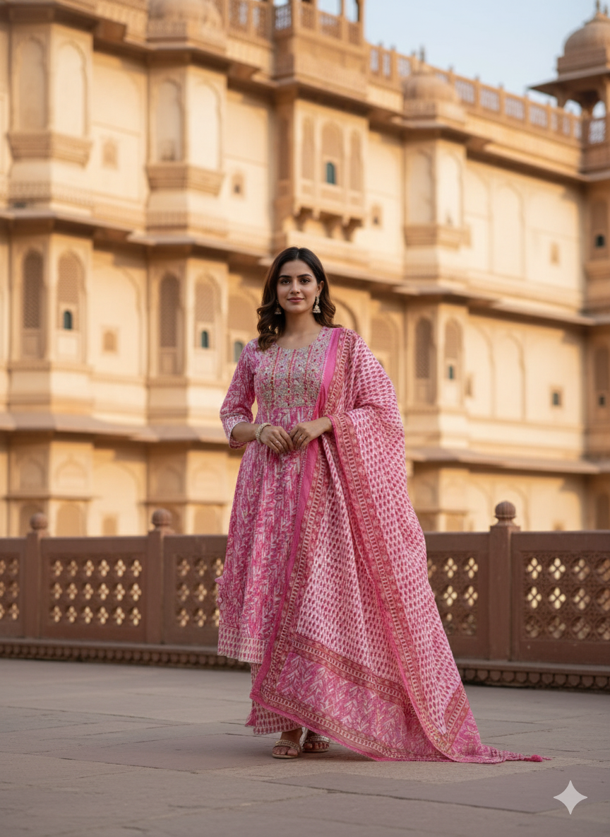 Pink Embroidered kurta with Dupatta Set