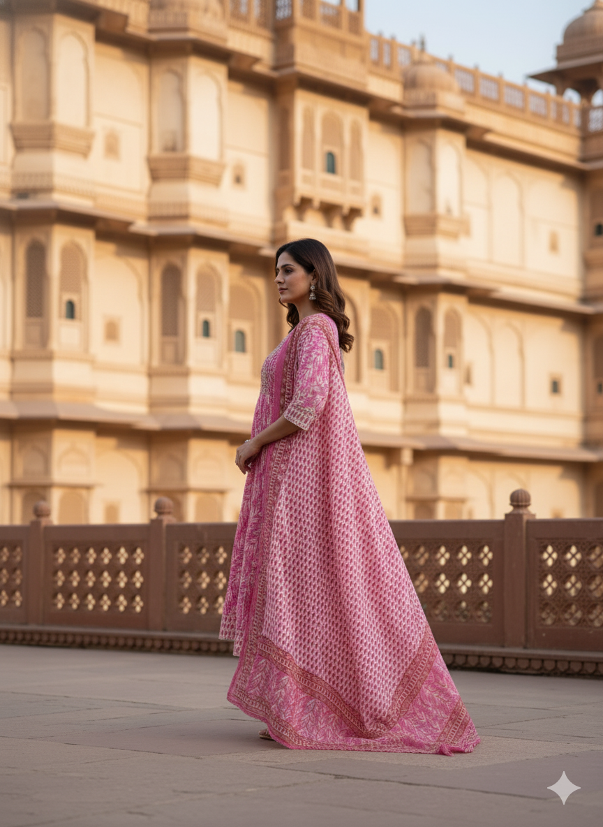 Pink Embroidered kurta with Dupatta Set