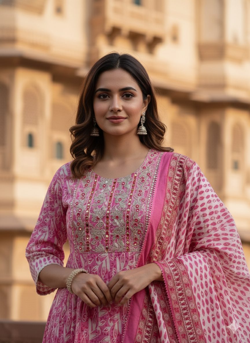 Pink Embroidered kurta with Dupatta Set