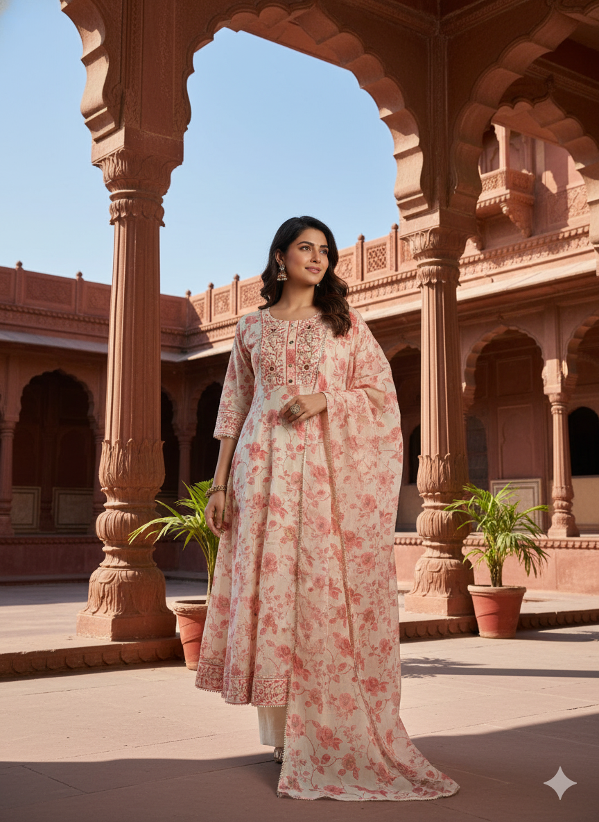 Pink Embroidered kurta with Dupatta Set