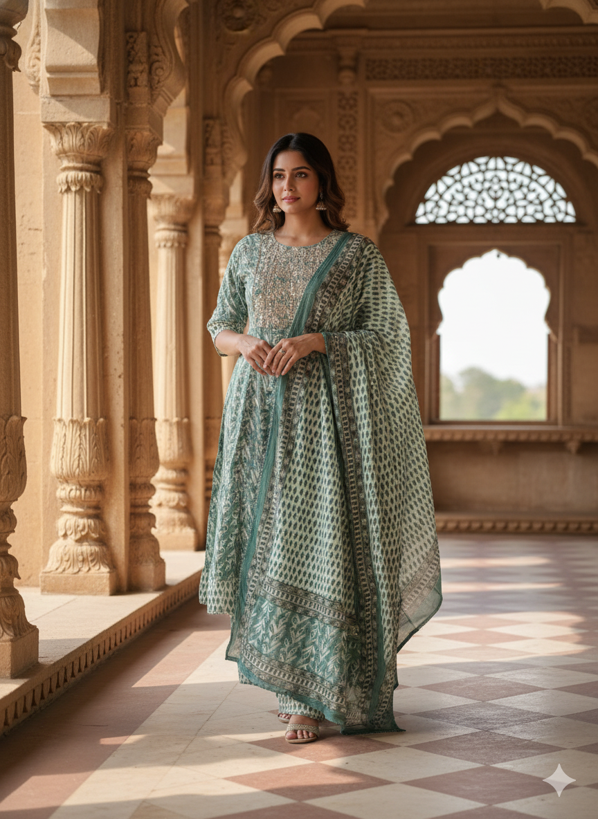 Teal Embroidered kurta with Dupatta Set