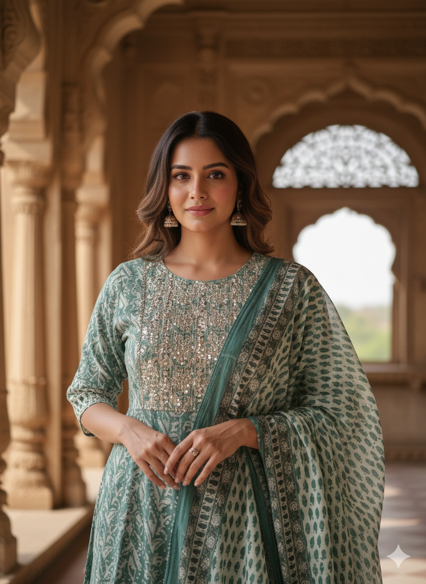 Teal Embroidered kurta with Dupatta Set