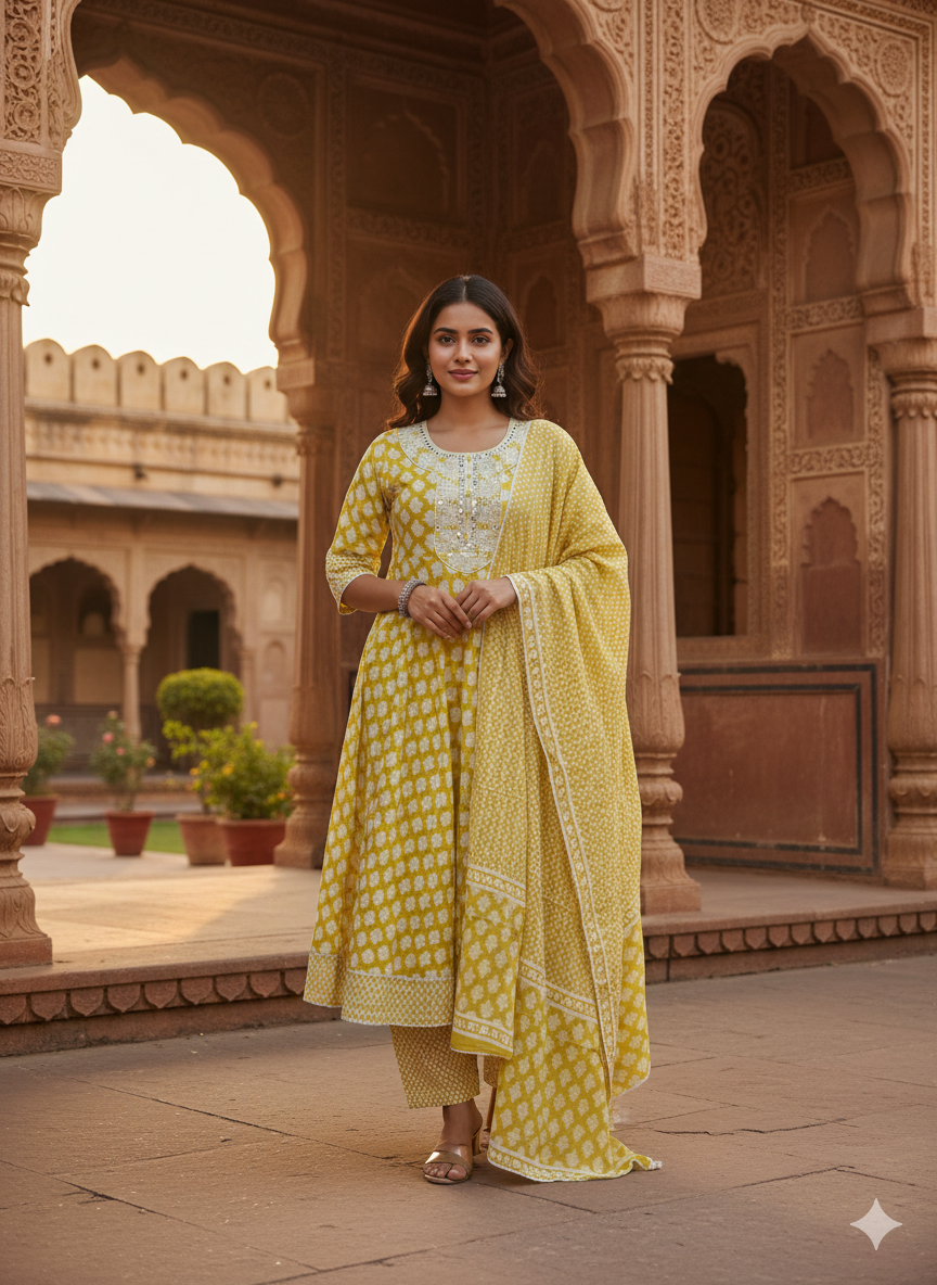 Mustard Embroidered kurta with Dupatta Set