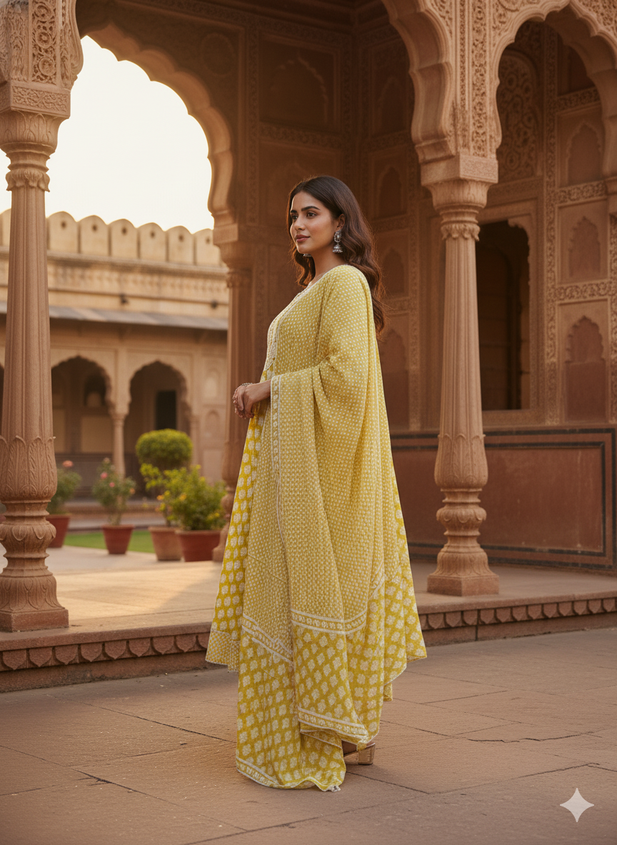 Mustard Embroidered kurta with Dupatta Set