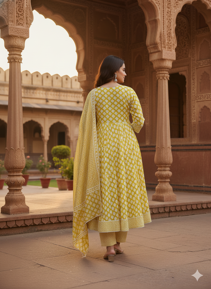 Mustard Embroidered kurta with Dupatta Set