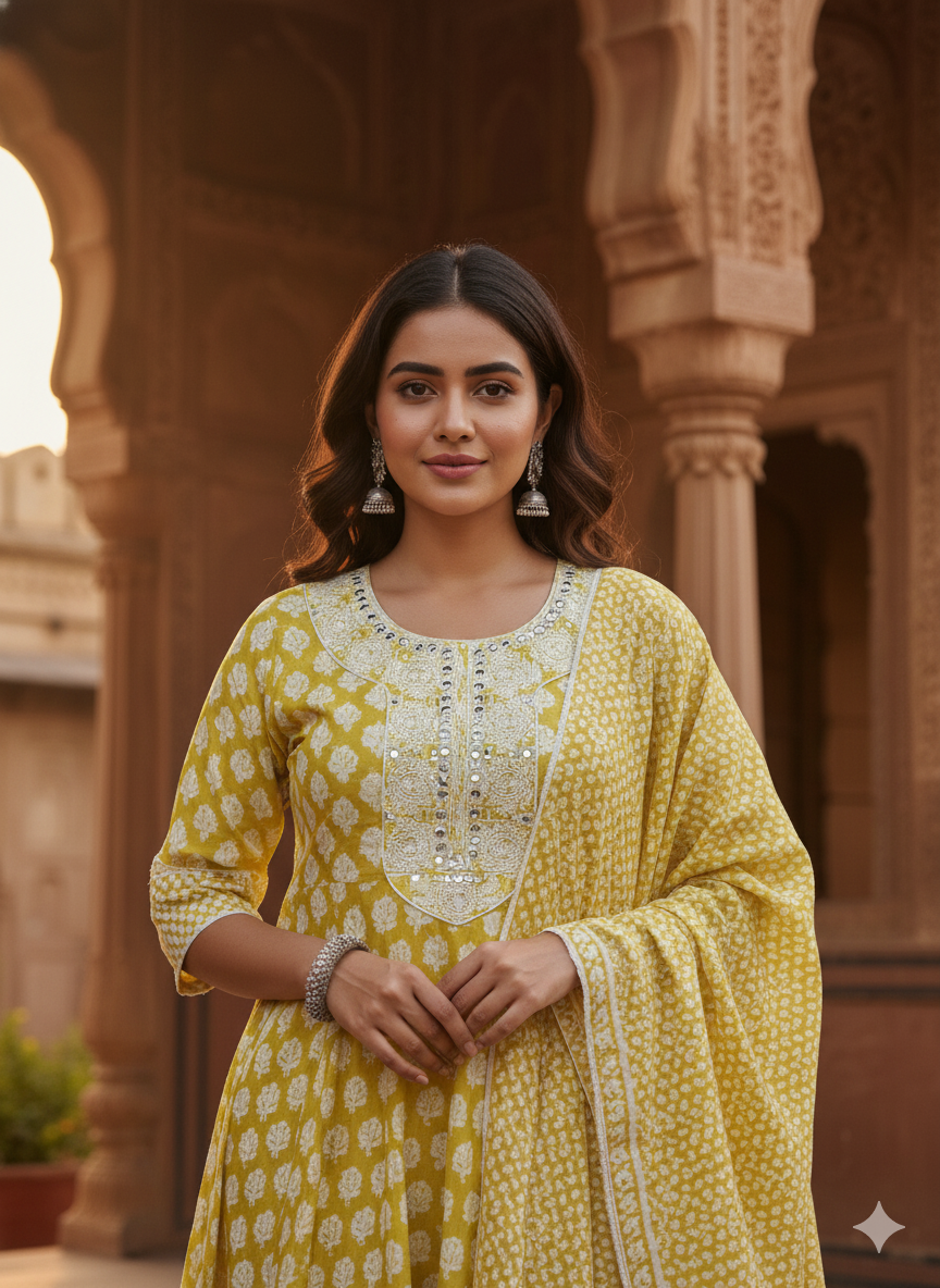 Mustard Embroidered kurta with Dupatta Set