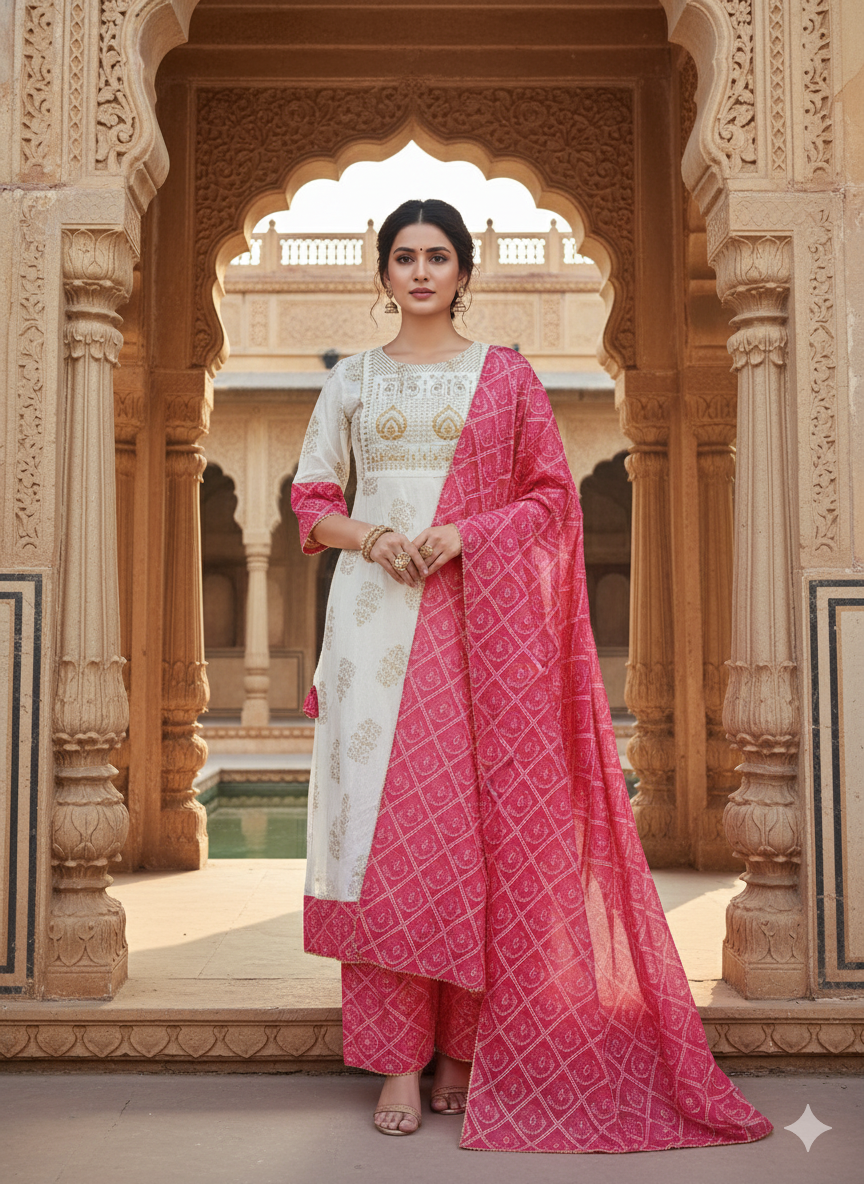 White Pink Embroidered kurta with Dupatta Set