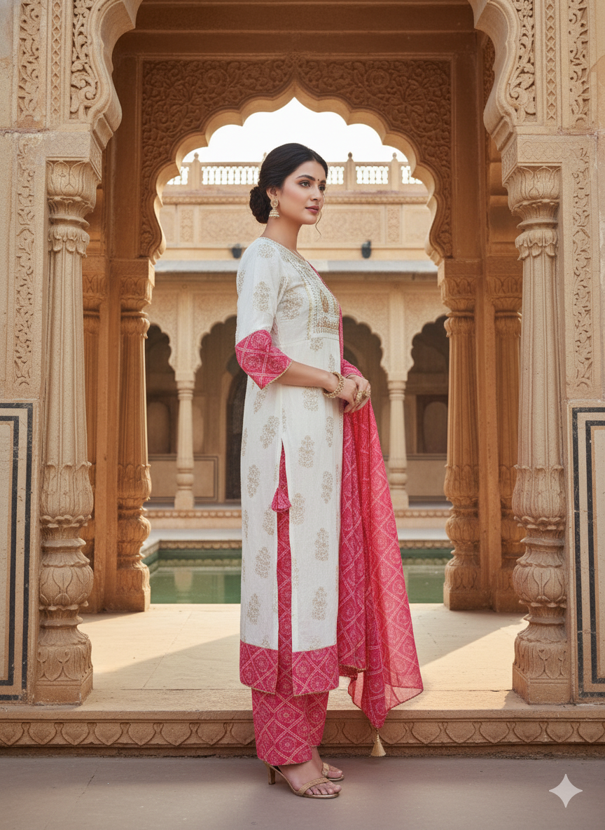 White Pink Embroidered kurta with Dupatta Set