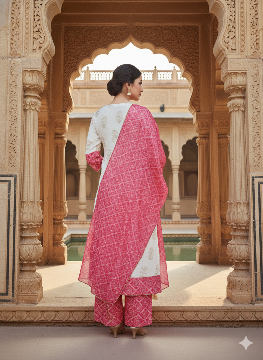 White Pink Embroidered kurta with Dupatta Set