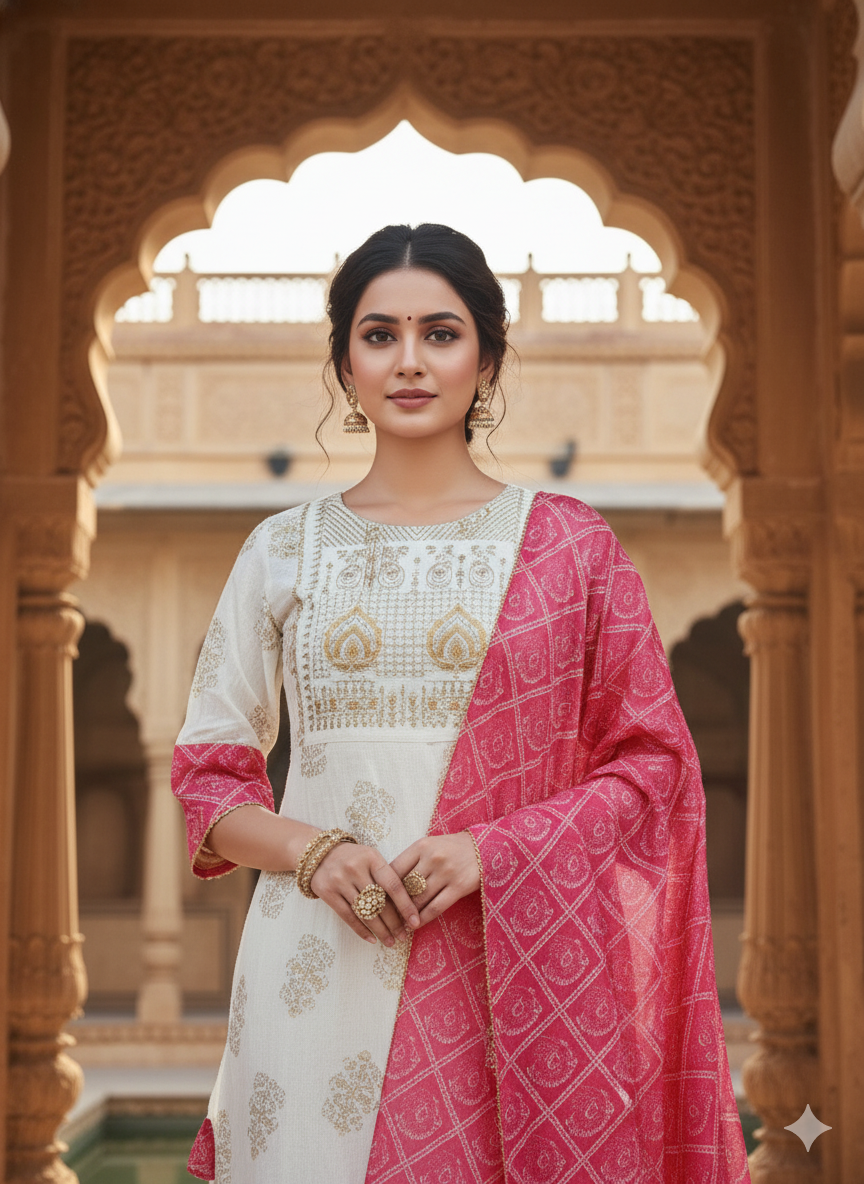White Pink Embroidered kurta with Dupatta Set