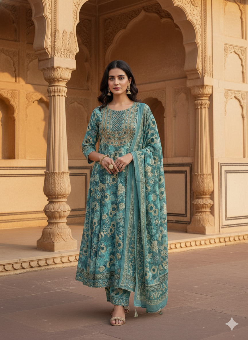 Light Green Sky Embroidered kurta with Dupatta Set