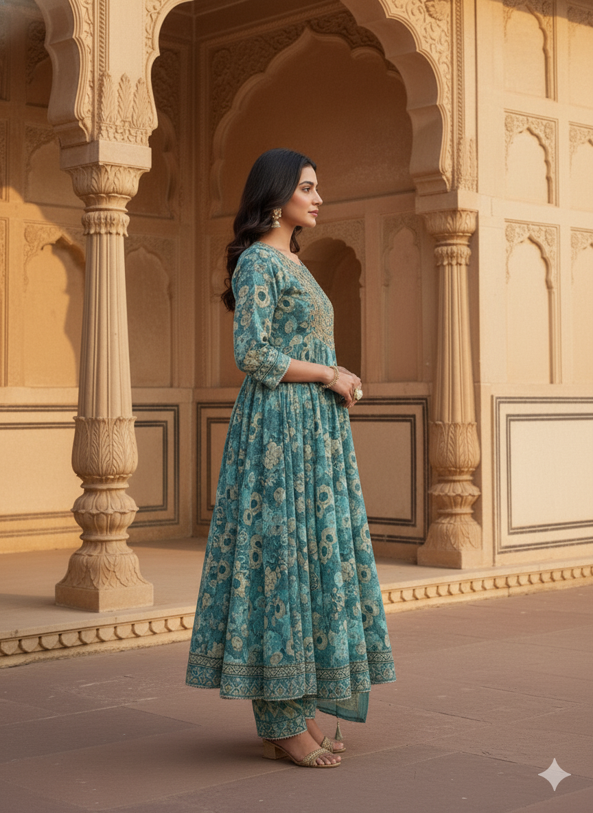 Light Green Sky Embroidered kurta with Dupatta Set