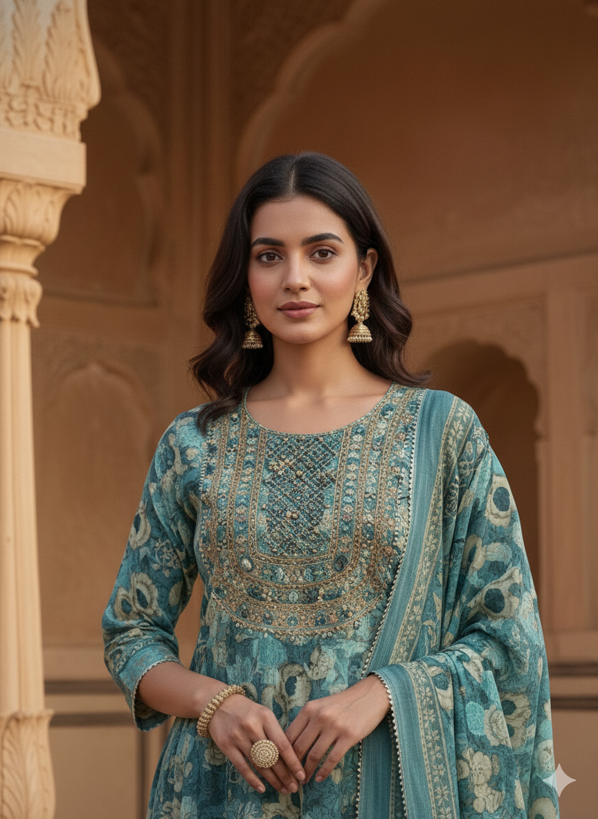 Light Green Sky Embroidered kurta with Dupatta Set