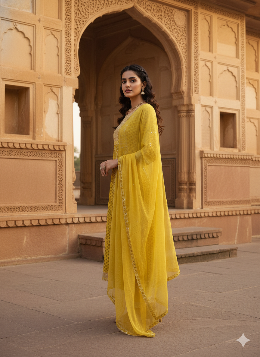 Lemon Embroidered Dupatta Set