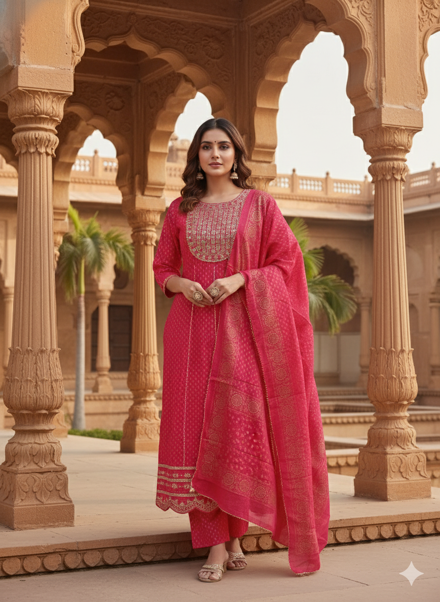 Red Embroidered kurta with Dupatta Set