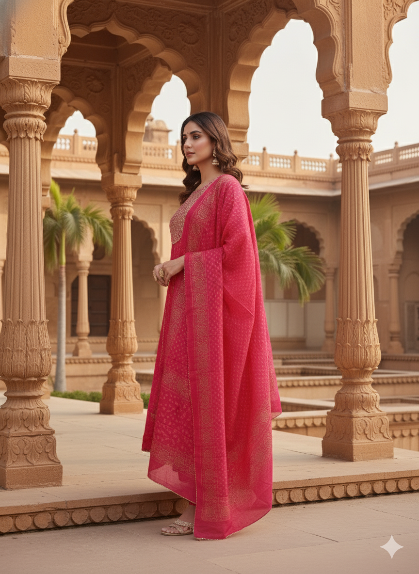 Red Embroidered kurta with Dupatta Set