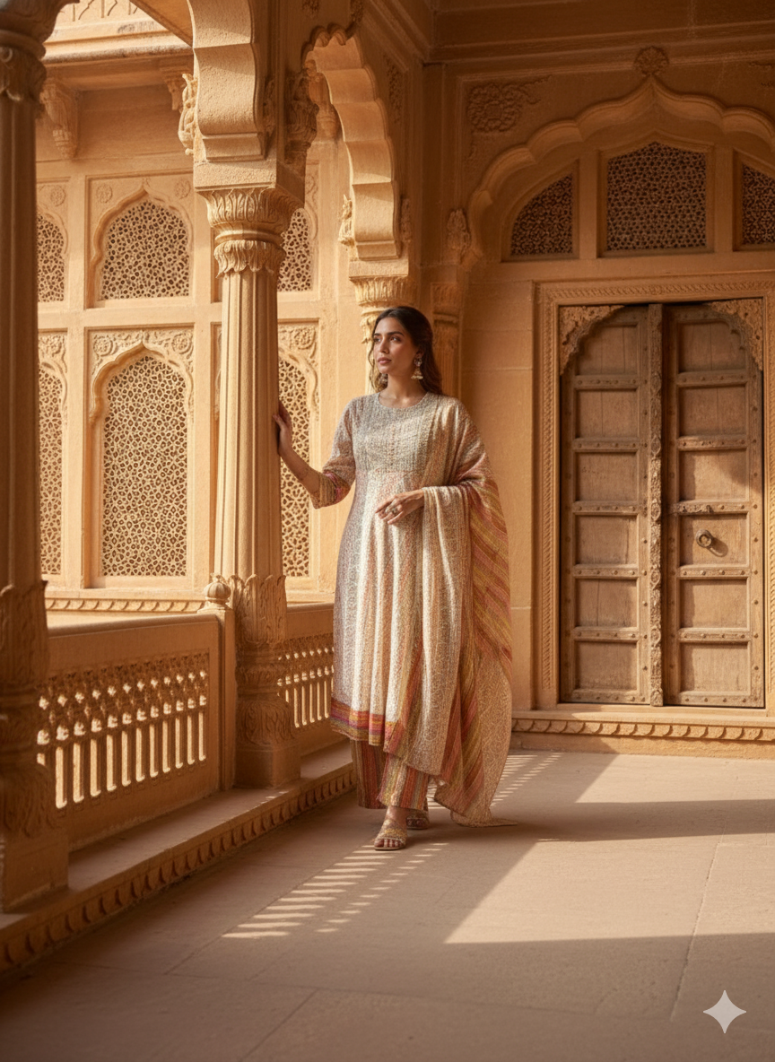 Cream Embroidered With Dupatta set