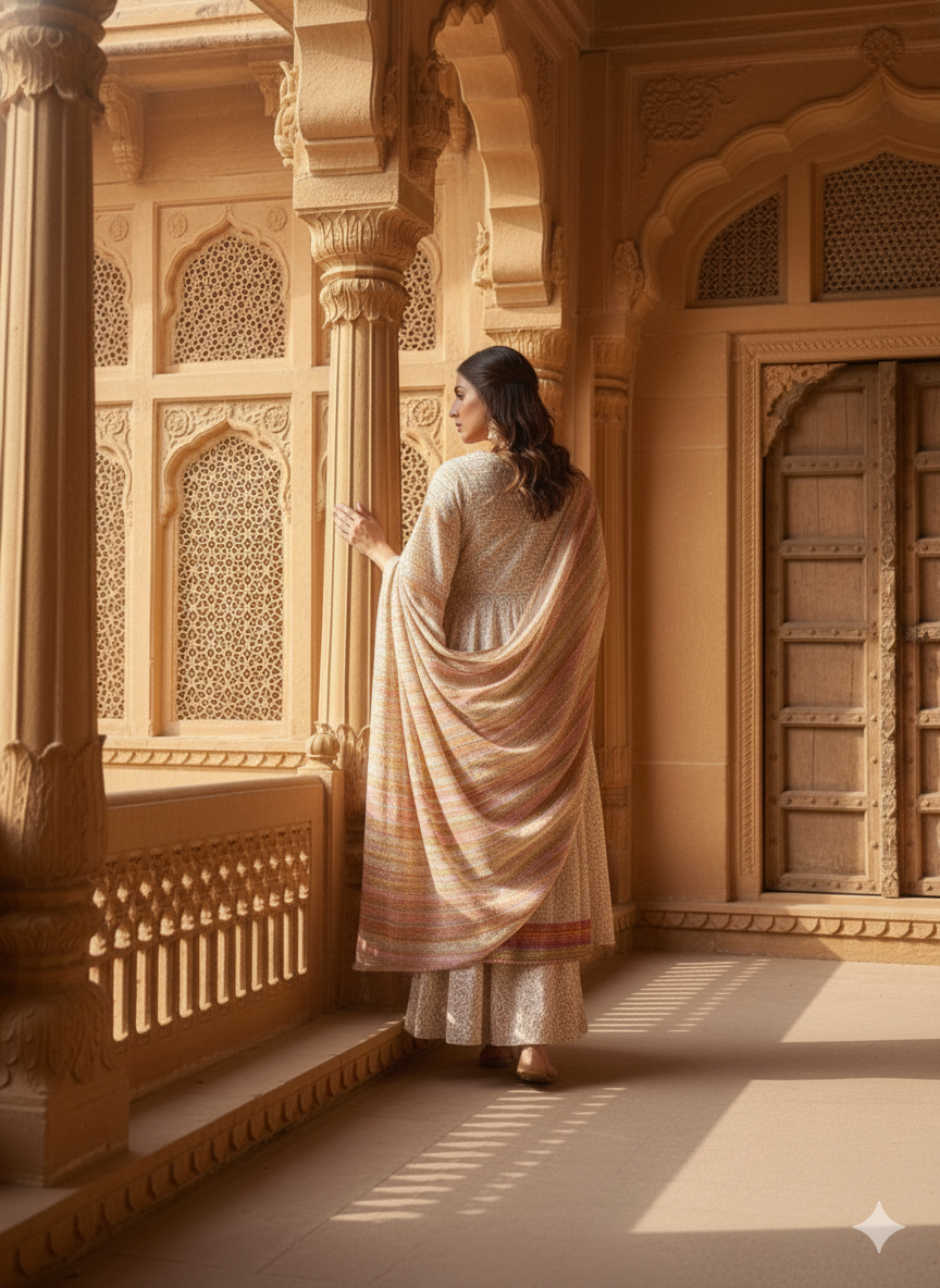 Cream Embroidered With Dupatta set