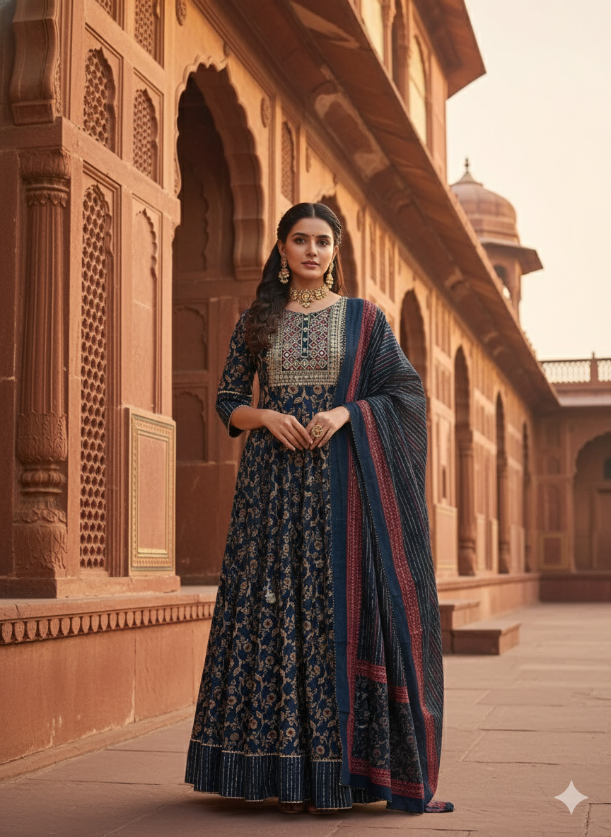 Dark Blue Embroidered With Dupatta set
