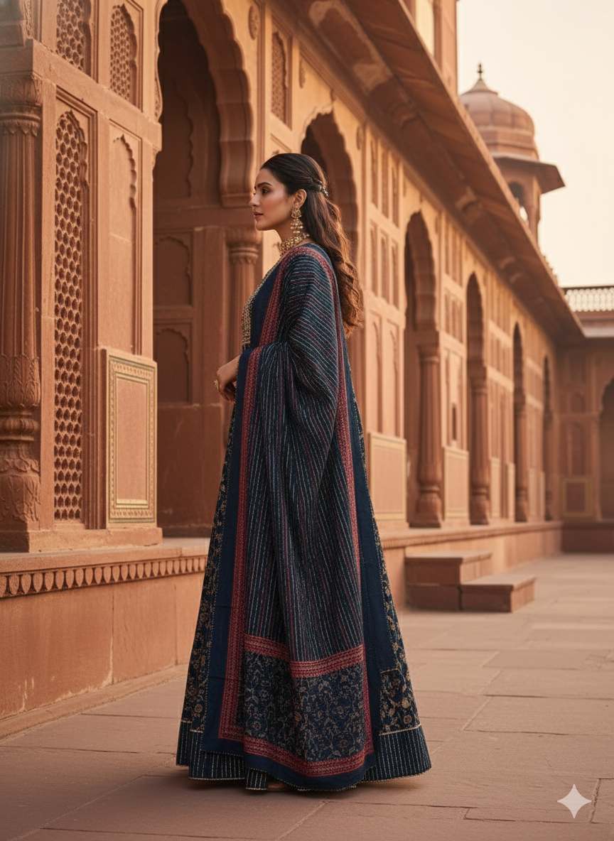 Dark Blue Embroidered With Dupatta set
