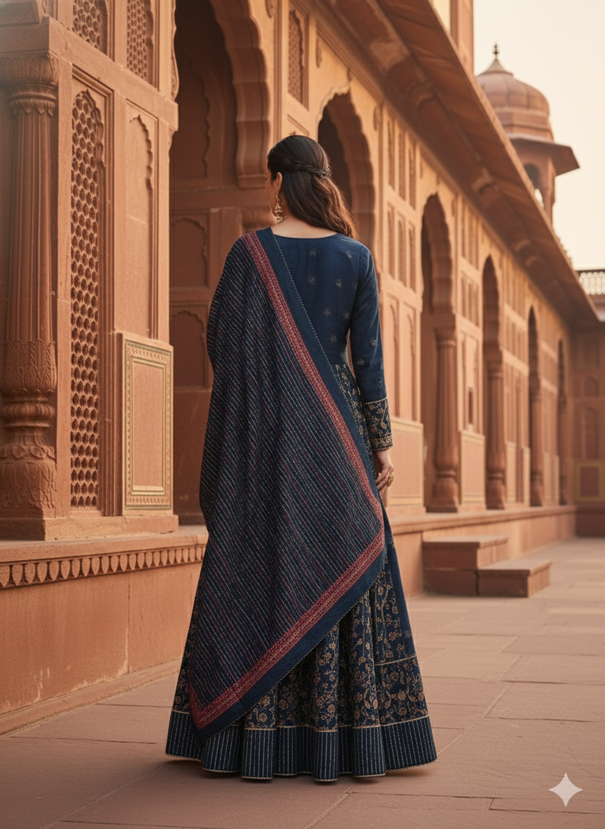 Dark Blue Embroidered With Dupatta set