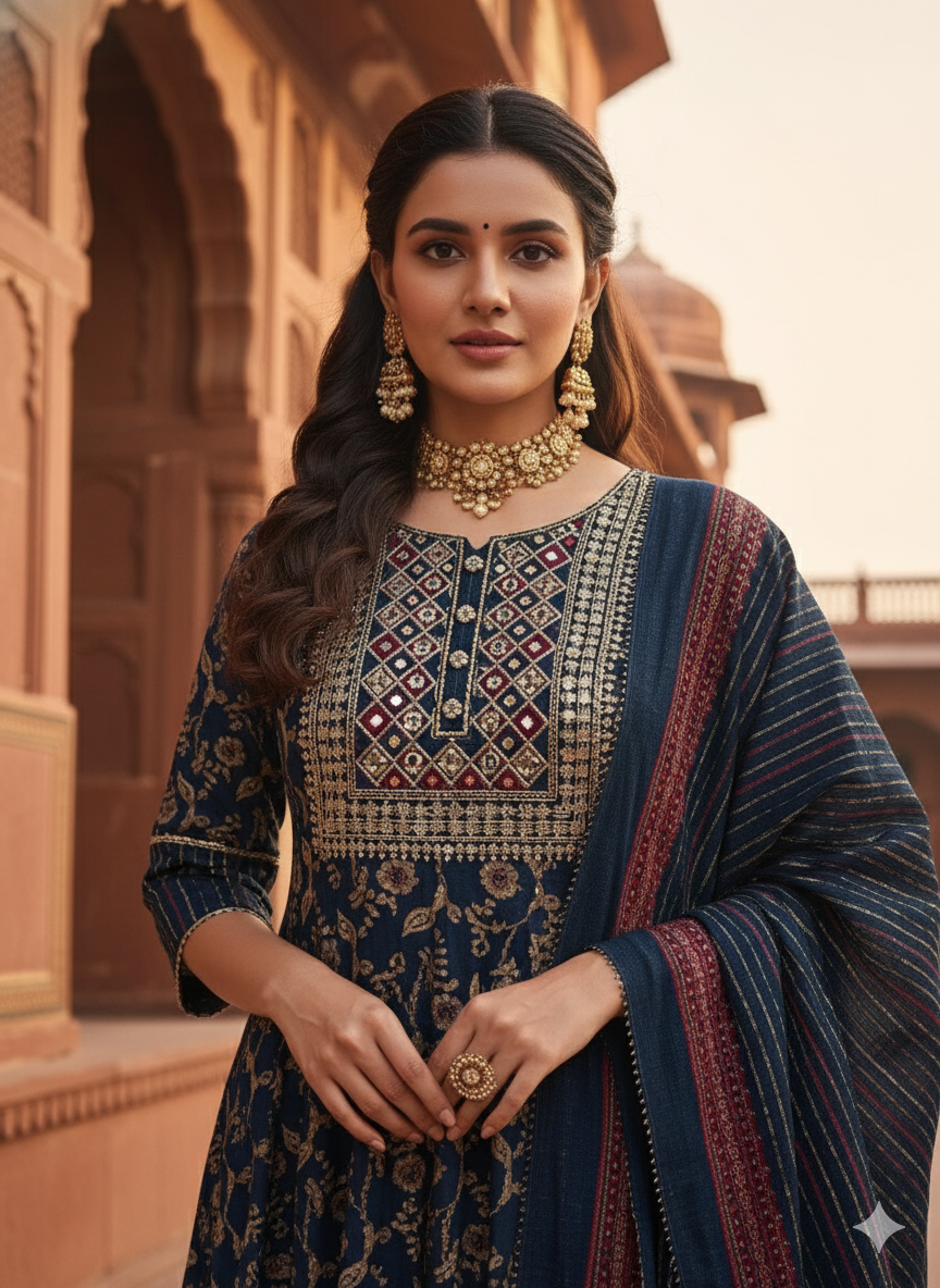 Dark Blue Embroidered With Dupatta set