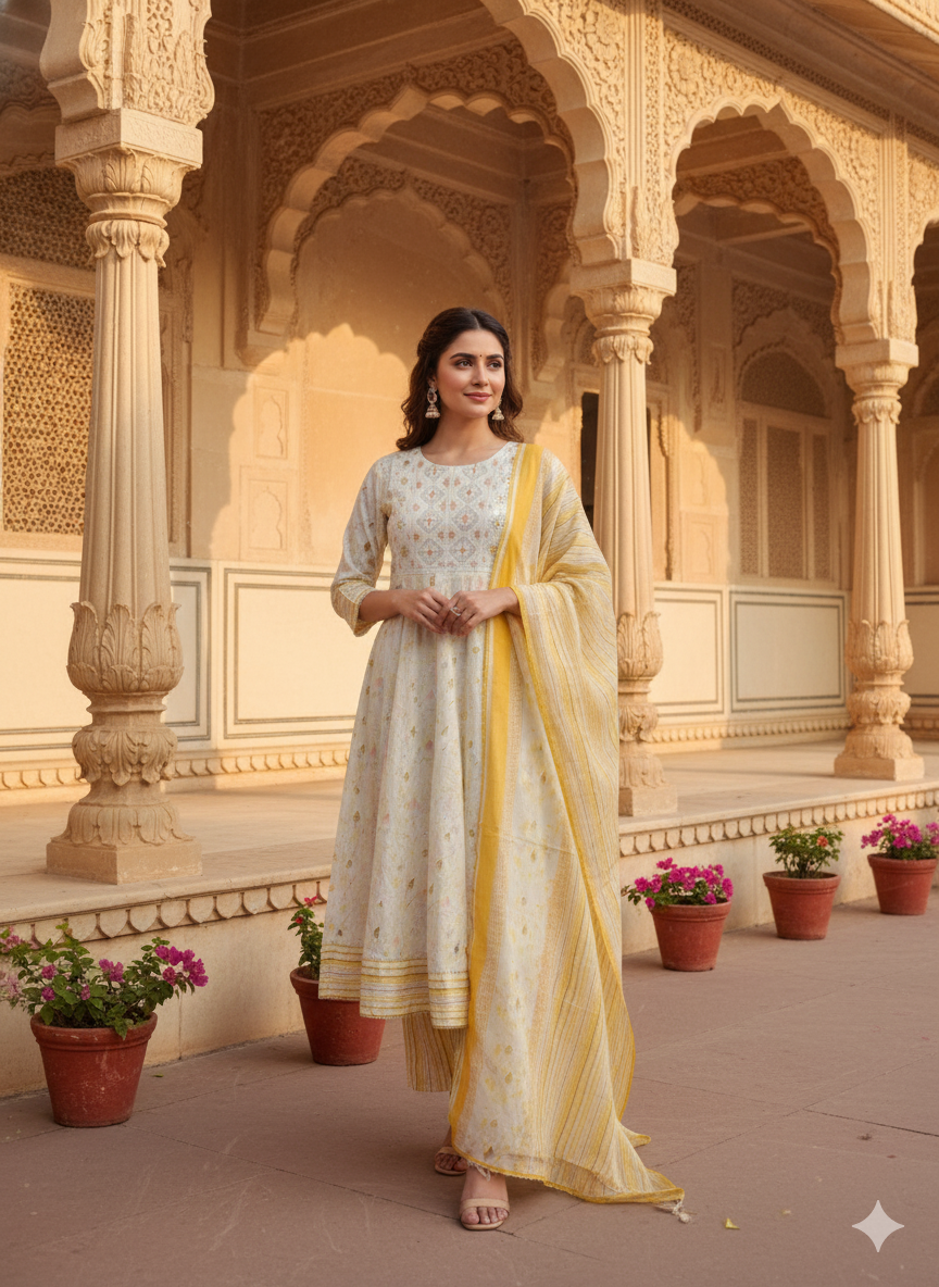 Yellow White Embroidered kurta with Dupatta Set