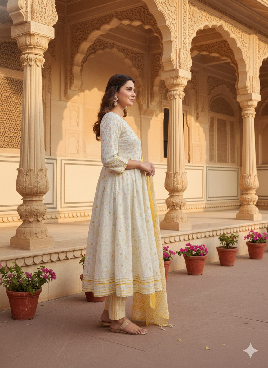 Yellow White Embroidered kurta with Dupatta Set