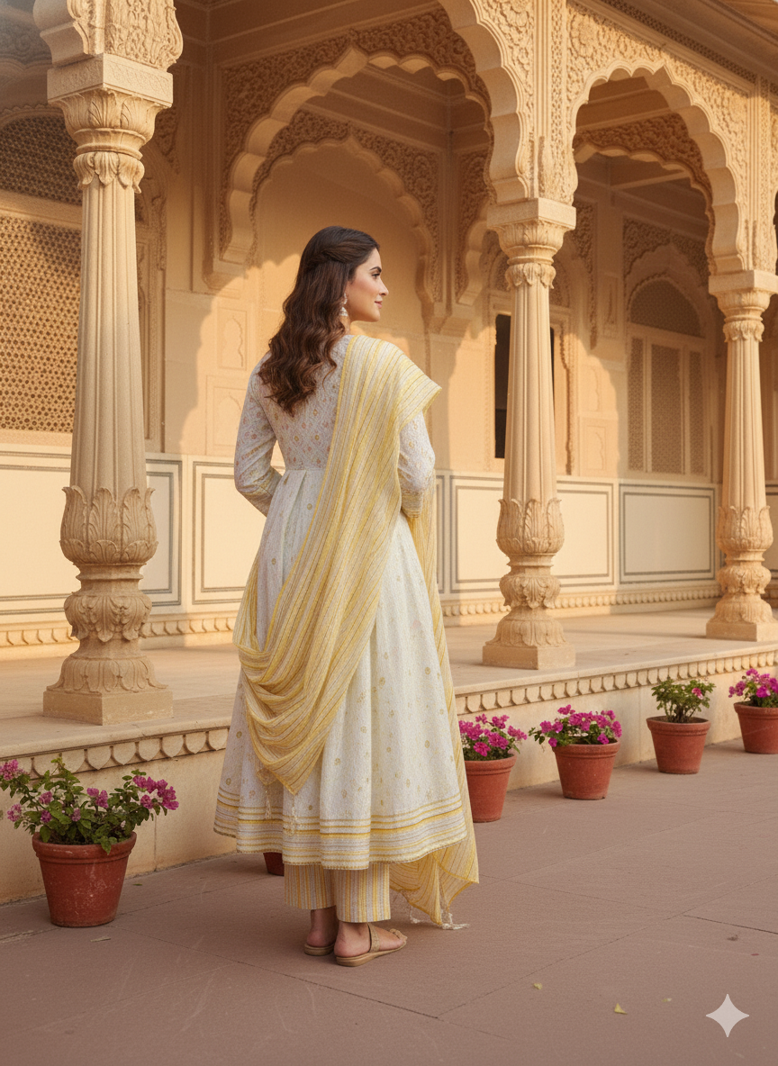 Yellow White Embroidered kurta with Dupatta Set
