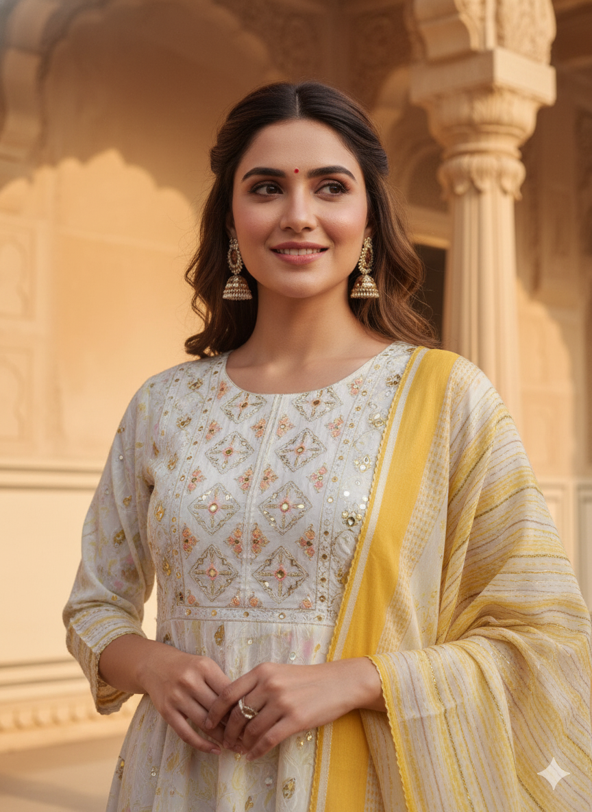 Yellow White Embroidered kurta with Dupatta Set