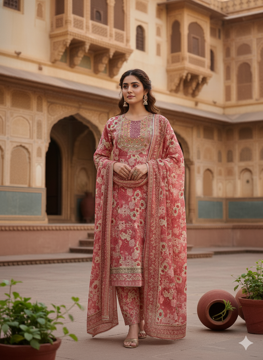 Pink Embroidered Rayon Suit With Dupatta