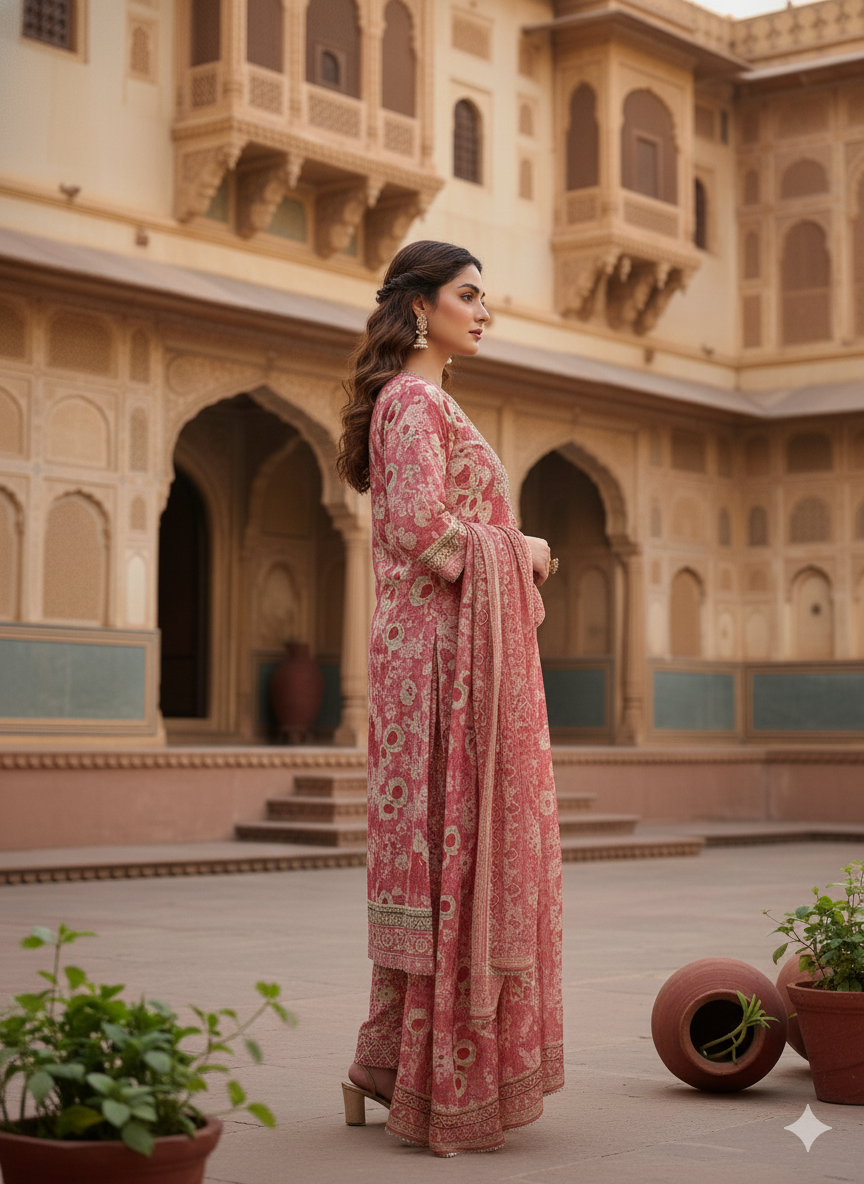 Pink Embroidered Rayon Suit With Dupatta