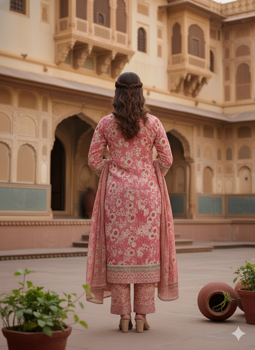 Pink Embroidered Rayon Suit With Dupatta