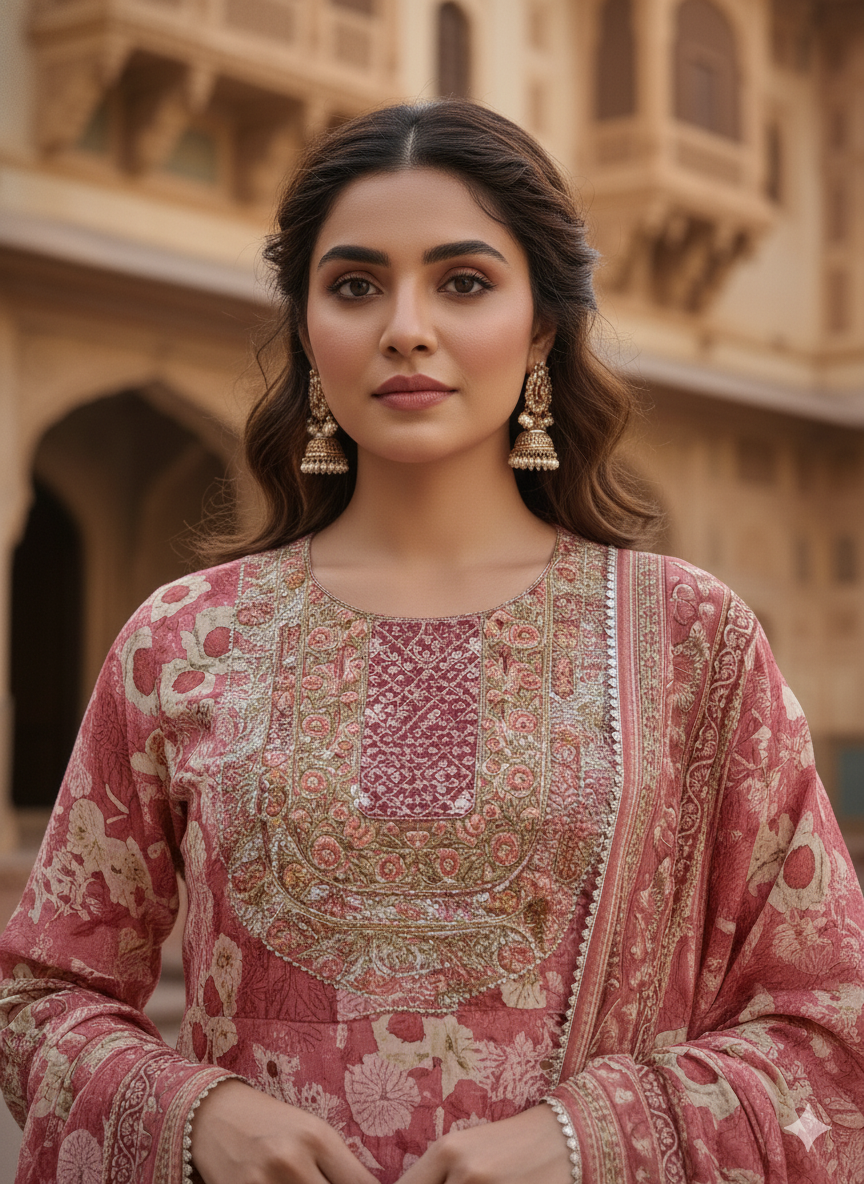 Pink Embroidered Rayon Suit With Dupatta