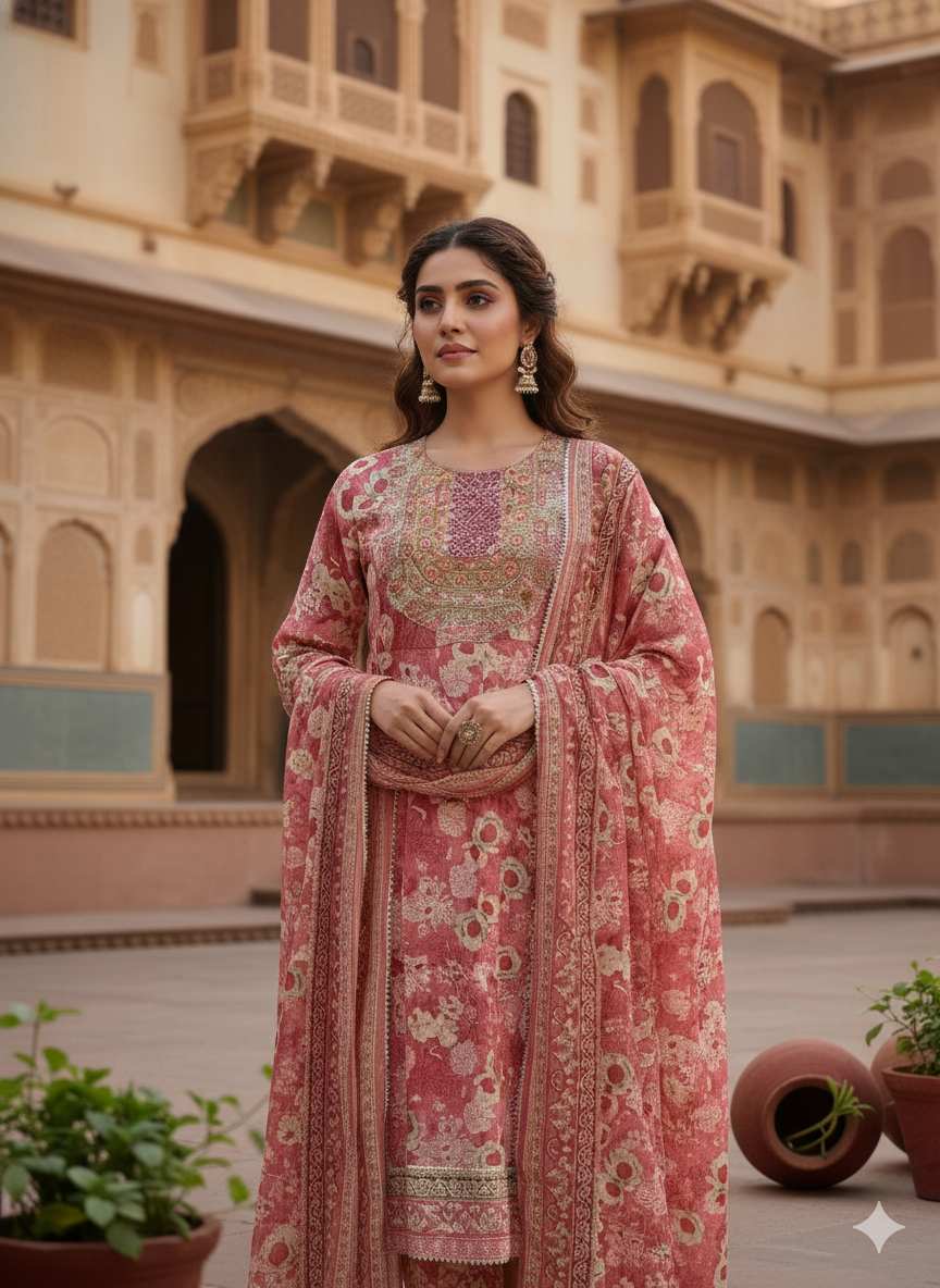 Pink Embroidered Rayon Suit With Dupatta