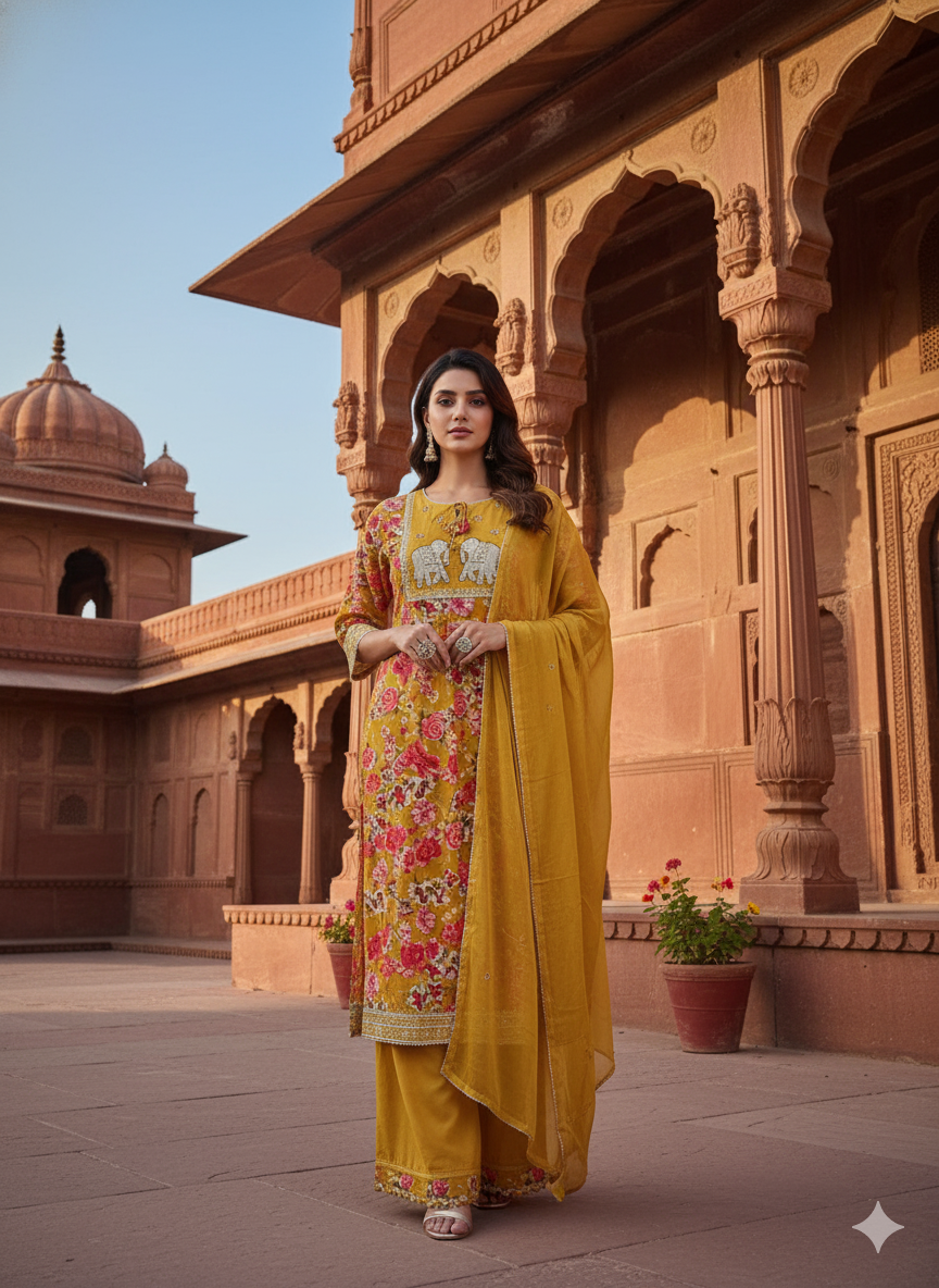 Mustard Embroidered kurta with Dupatta Set