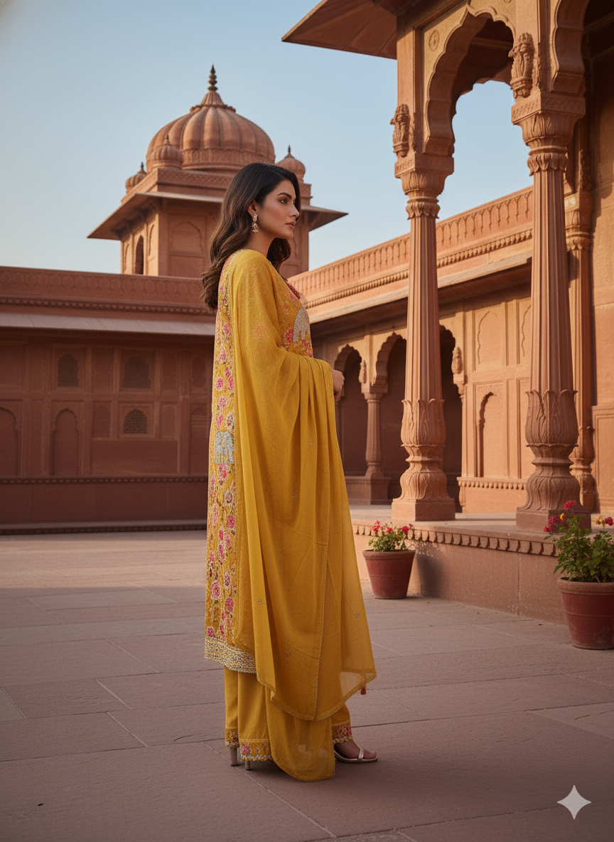 Mustard Embroidered kurta with Dupatta Set